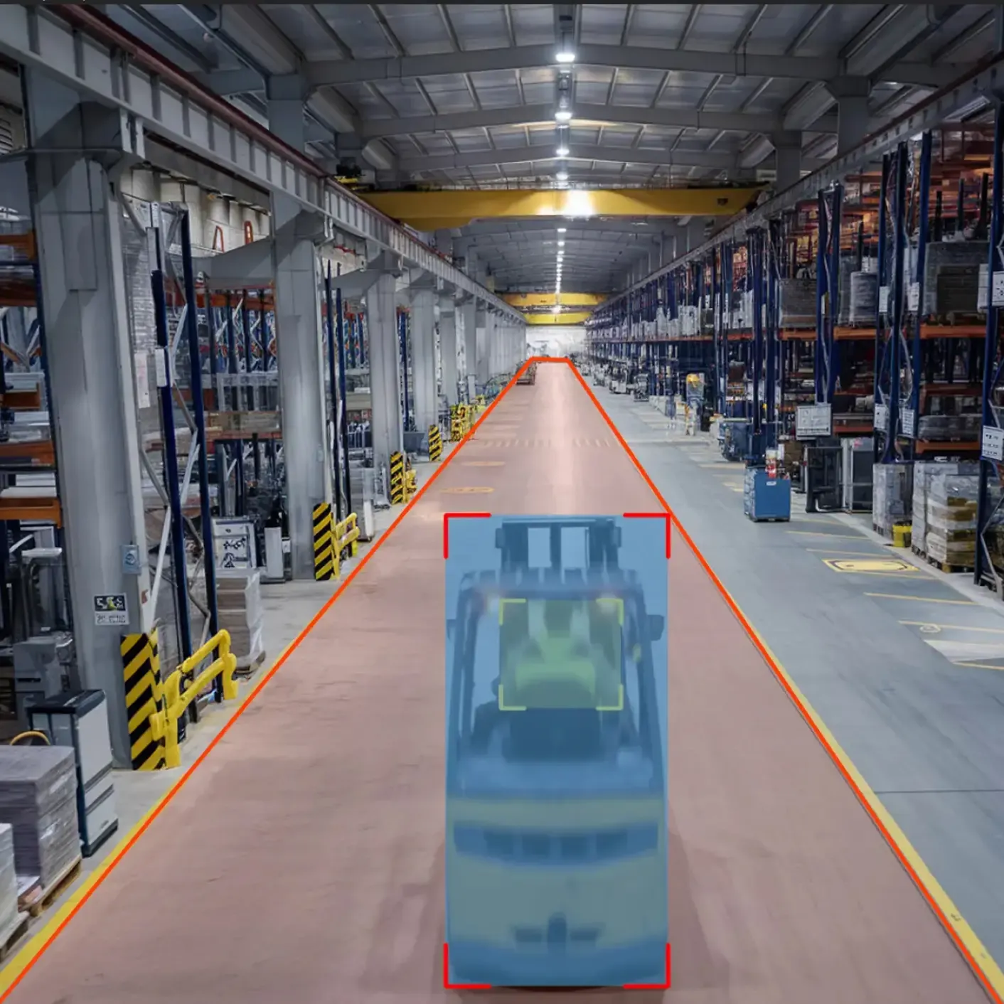 Warehouse camera view with an AI overlay detecting a forklift inside a marked speed-limit corridor