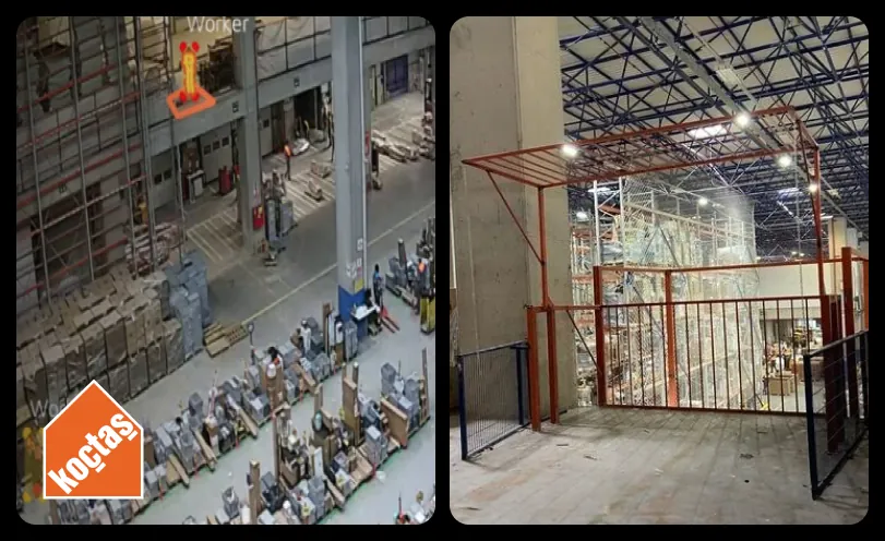 Split view: an overhead warehouse camera with an AI overlay flagging a worker at height, and a guardrail structure installed on an elevated platform
